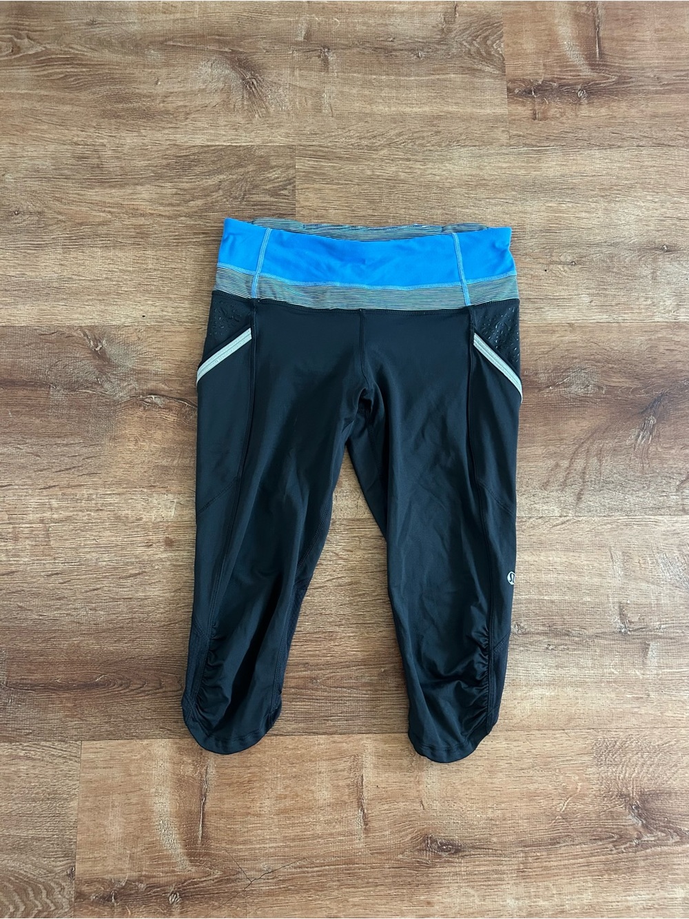 Lululemon Run a Marathon Women's Black Athletic Capris with Blue Waistband